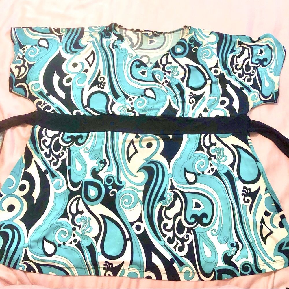 Jessica Plus Stretchy Short Sleeve Top Belt Tie Waist Blue/Black/White Patterned